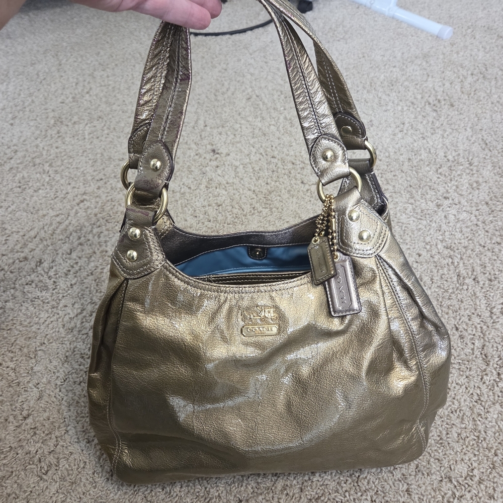 coach gold metallic shoulder purse 14331 vtg hobo leather y2k 90s teal interior